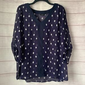 Investments II Navy Blue Sheer Polka Dot Blouse 3/4 Roll Tab Sleeves Size 1X
